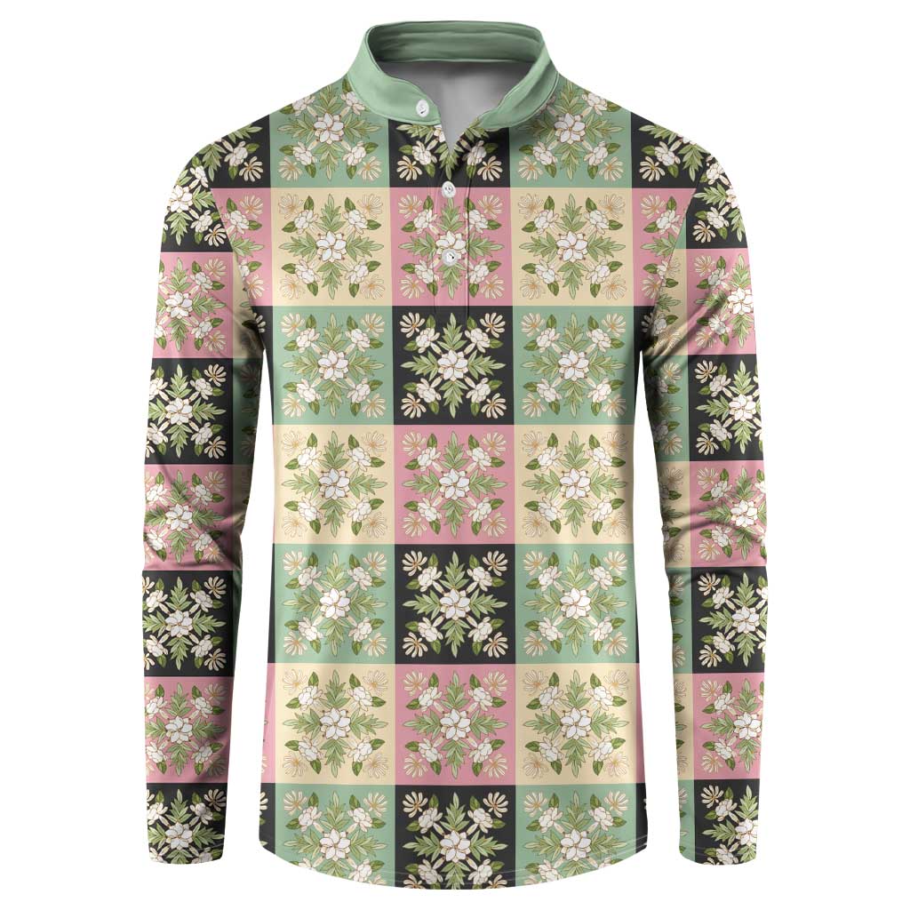Seamless Pattern Maile and Pikake Lei Button Sweatshirt Squares Maile Leaf - Polynesian Pride