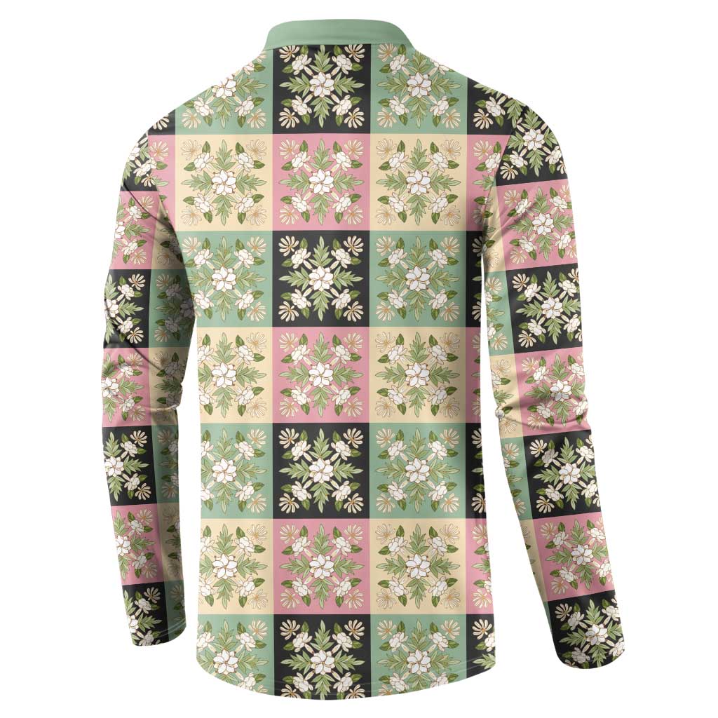 Seamless Pattern Maile and Pikake Lei Button Sweatshirt Squares Maile Leaf - Polynesian Pride