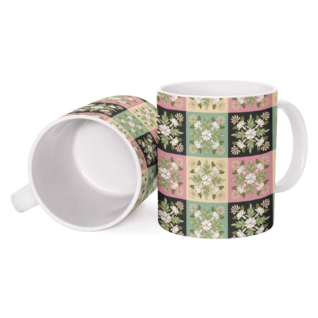 Seamless Pattern Maile and Pikake Lei Ceramic Mug Squares Maile Leaf - Polynesian Pride