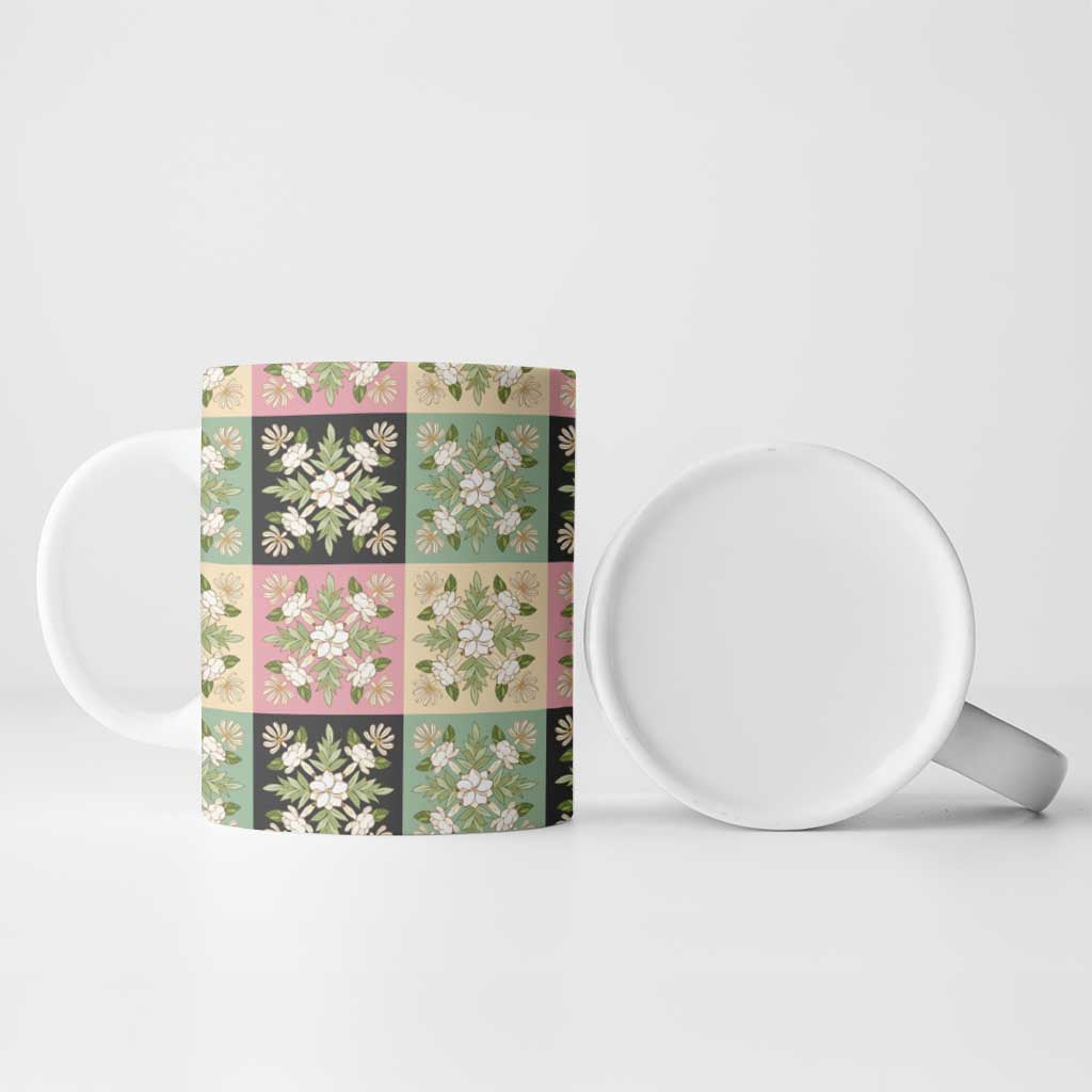 Seamless Pattern Maile and Pikake Lei Ceramic Mug Squares Maile Leaf - Polynesian Pride