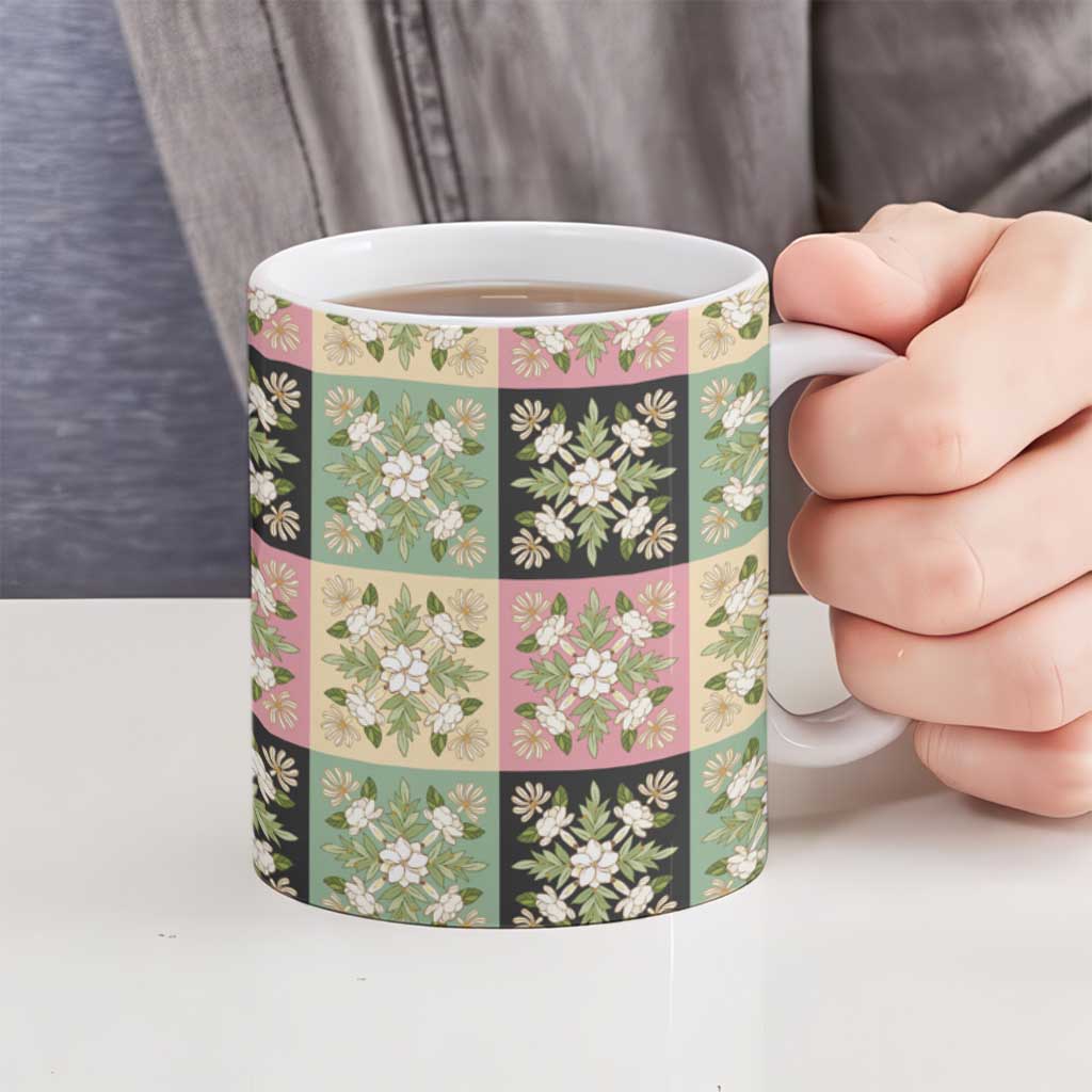 Seamless Pattern Maile and Pikake Lei Ceramic Mug Squares Maile Leaf - Polynesian Pride