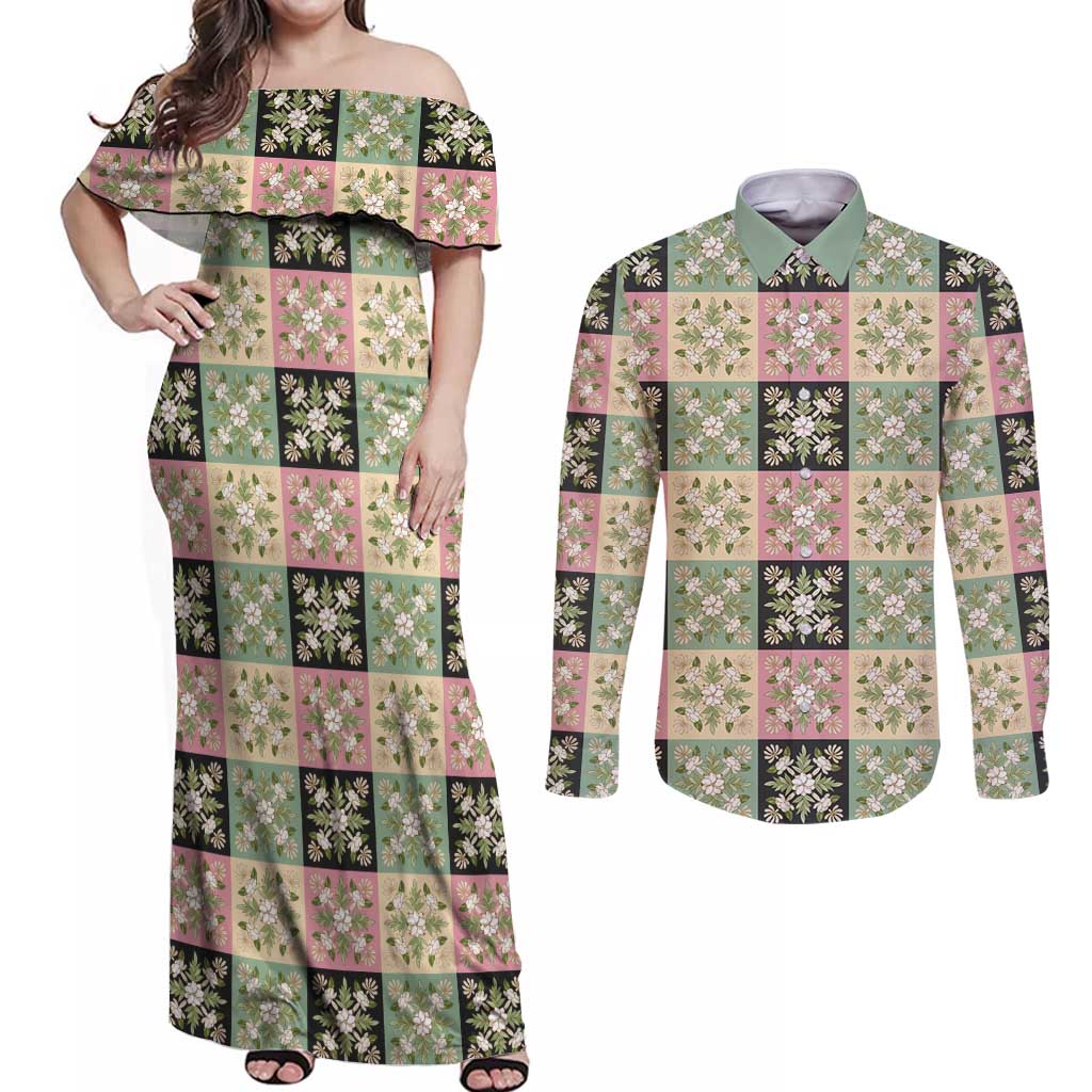 Seamless Pattern Maile and Pikake Lei Couples Matching Off Shoulder Maxi Dress and Long Sleeve Button Shirt Squares Maile Leaf - Polynesian Pride