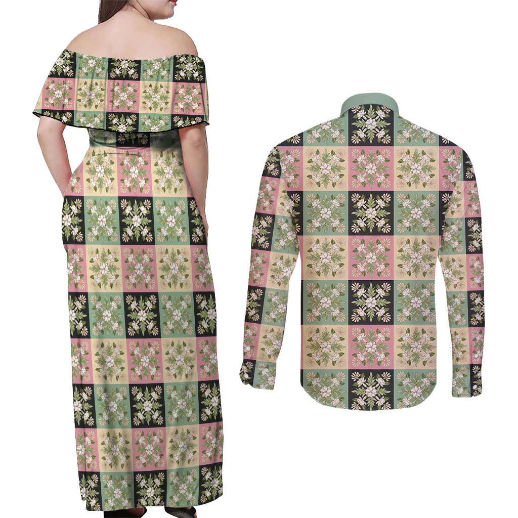 Seamless Pattern Maile and Pikake Lei Couples Matching Off Shoulder Maxi Dress and Long Sleeve Button Shirt Squares Maile Leaf - Polynesian Pride