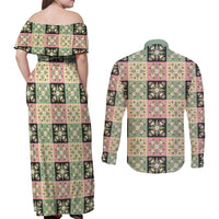 Seamless Pattern Maile and Pikake Lei Couples Matching Off Shoulder Maxi Dress and Long Sleeve Button Shirt Squares Maile Leaf - Polynesian Pride
