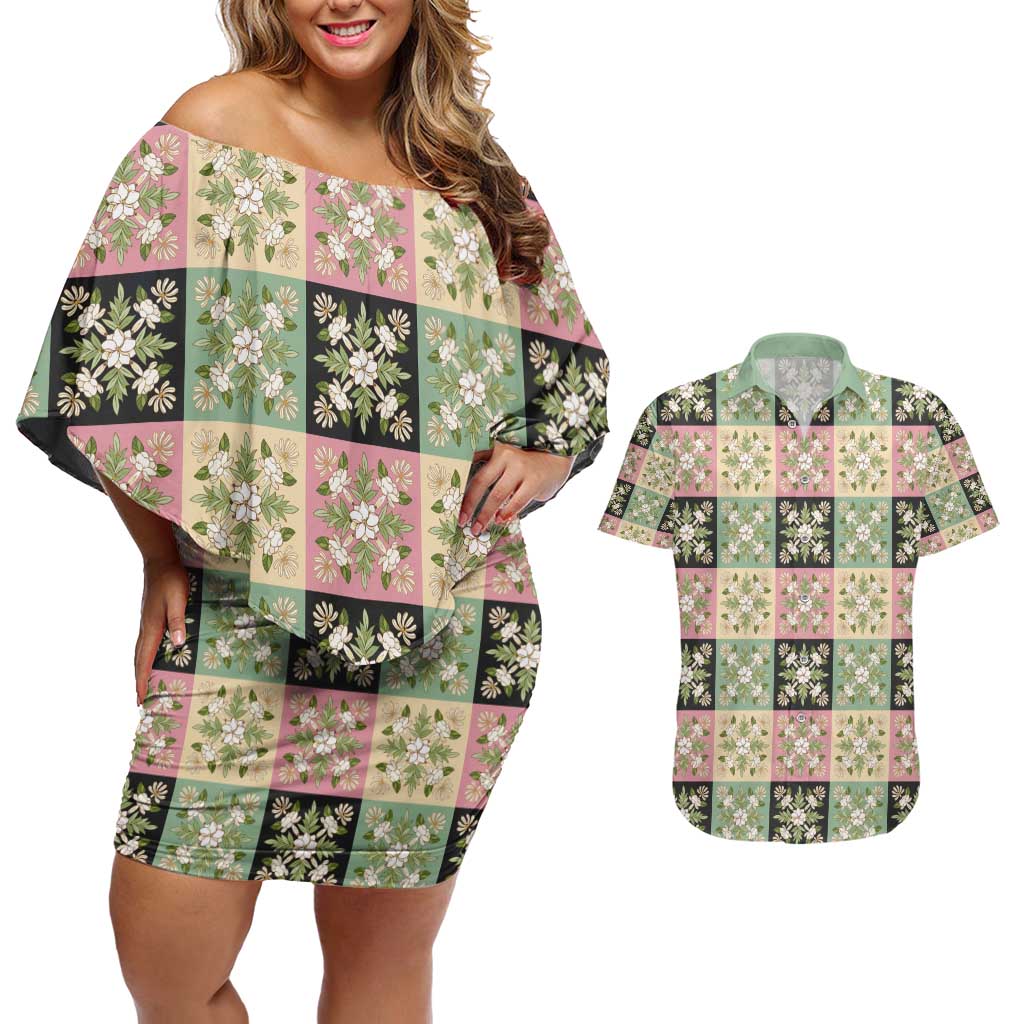 Seamless Pattern Maile and Pikake Lei Couples Matching Off Shoulder Short Dress and Hawaiian Shirt Squares Maile Leaf - Polynesian Pride