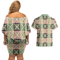Seamless Pattern Maile and Pikake Lei Couples Matching Off Shoulder Short Dress and Hawaiian Shirt Squares Maile Leaf - Polynesian Pride