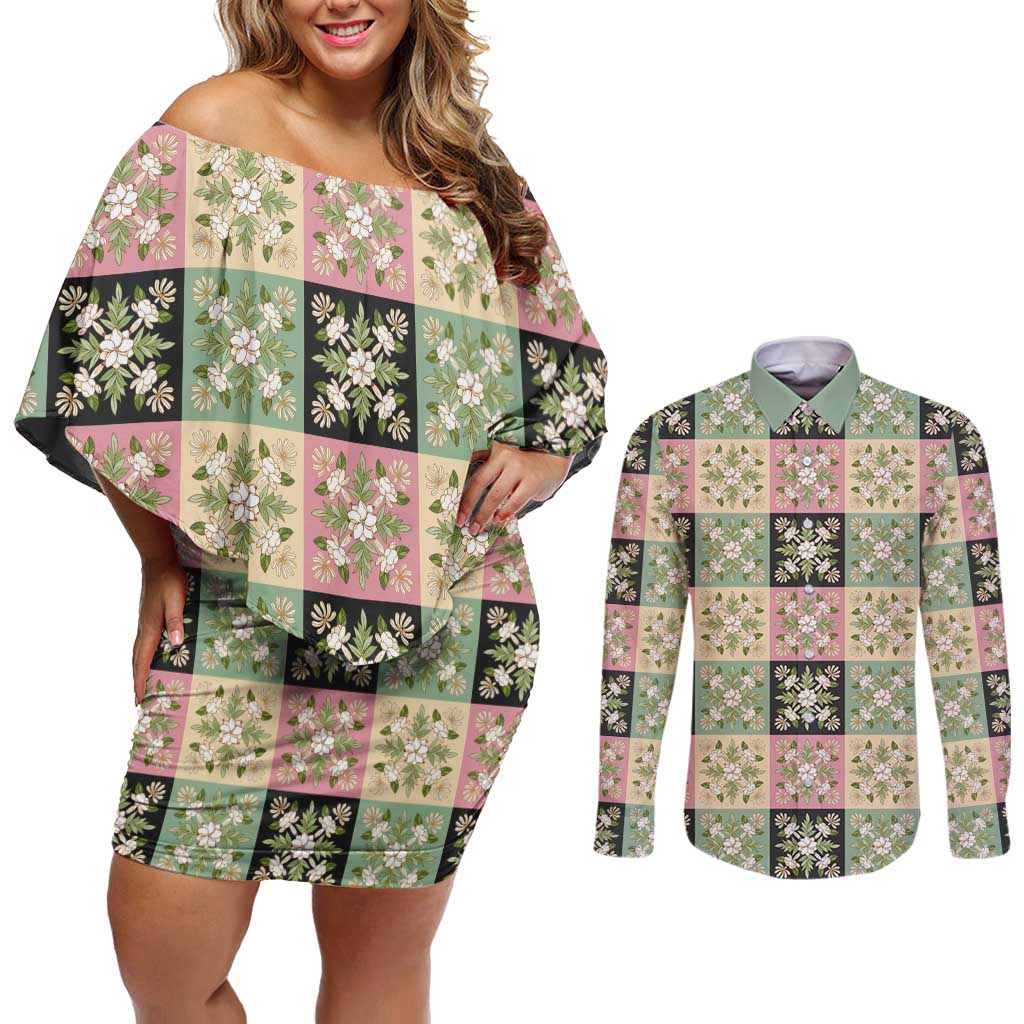 Seamless Pattern Maile and Pikake Lei Couples Matching Off Shoulder Short Dress and Long Sleeve Button Shirt Squares Maile Leaf - Polynesian Pride