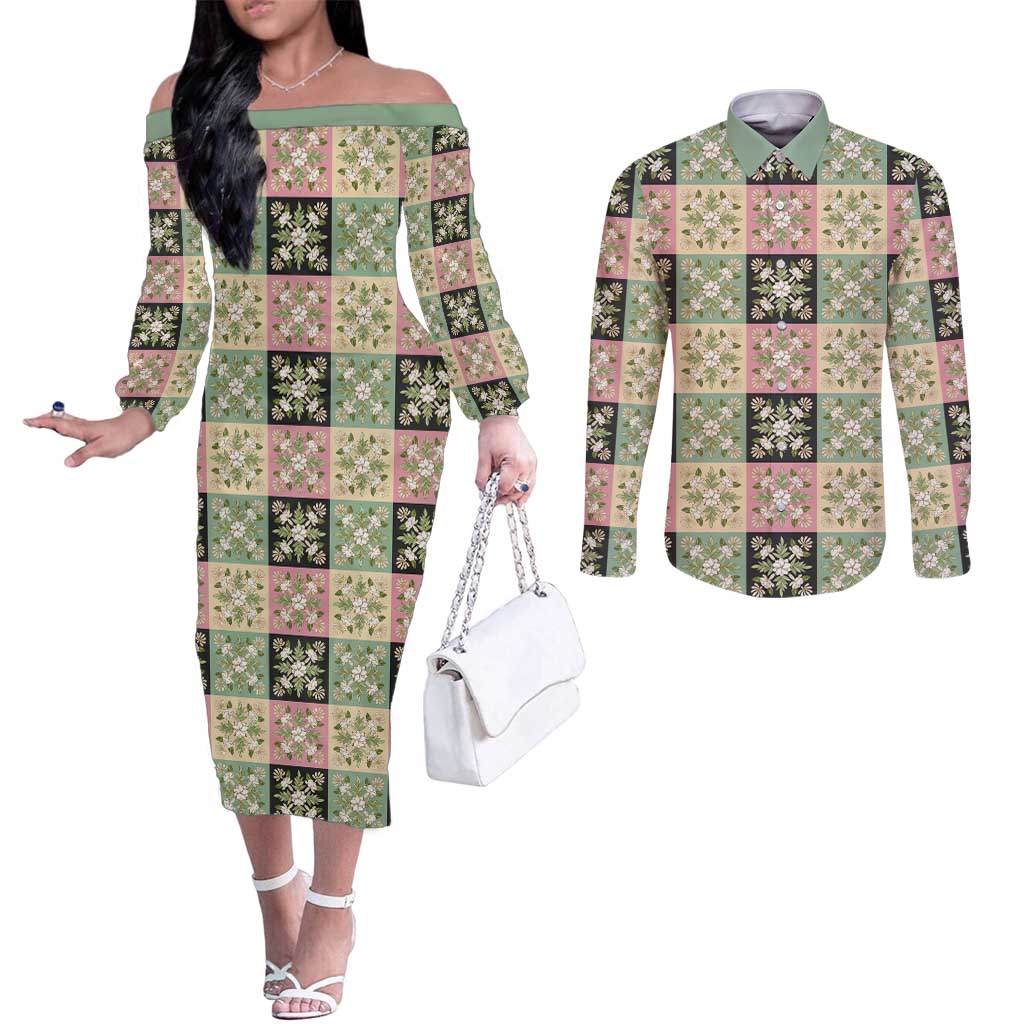 Seamless Pattern Maile and Pikake Lei Couples Matching Off The Shoulder Long Sleeve Dress and Long Sleeve Button Shirt Squares Maile Leaf - Polynesian Pride