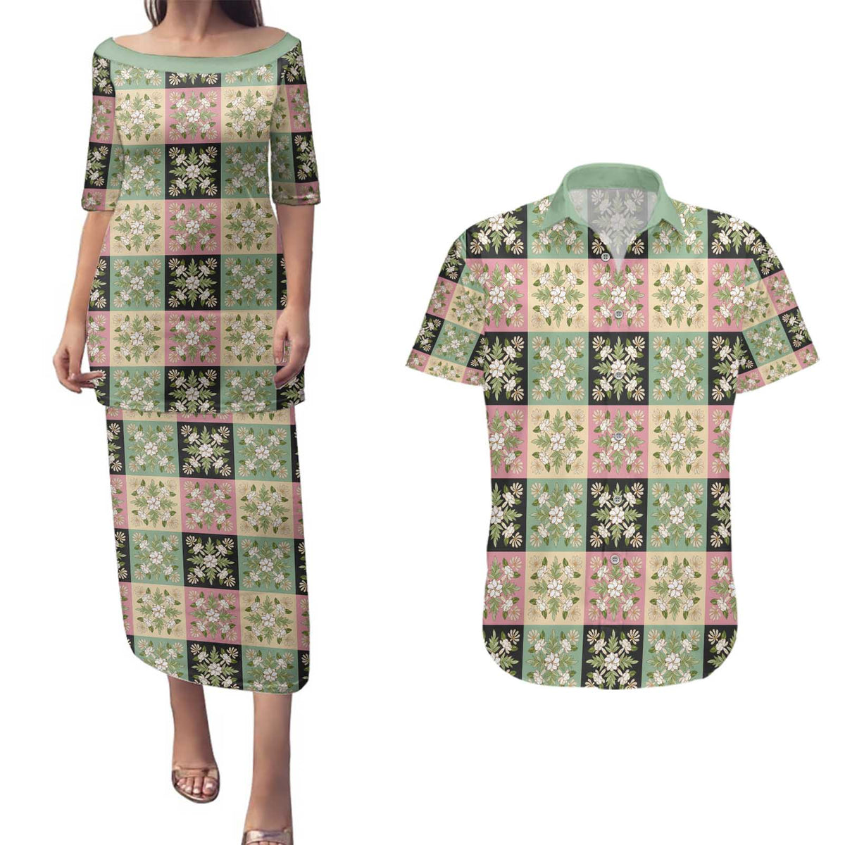 Seamless Pattern Maile and Pikake Lei Couples Matching Puletasi and Hawaiian Shirt Squares Maile Leaf - Polynesian Pride