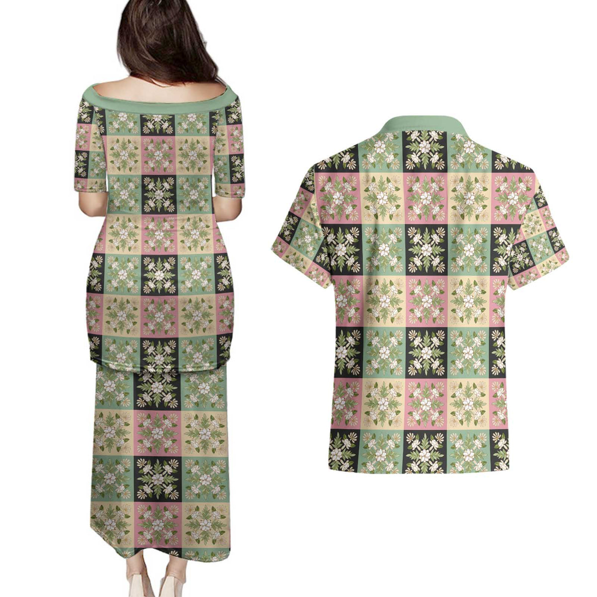Seamless Pattern Maile and Pikake Lei Couples Matching Puletasi and Hawaiian Shirt Squares Maile Leaf - Polynesian Pride