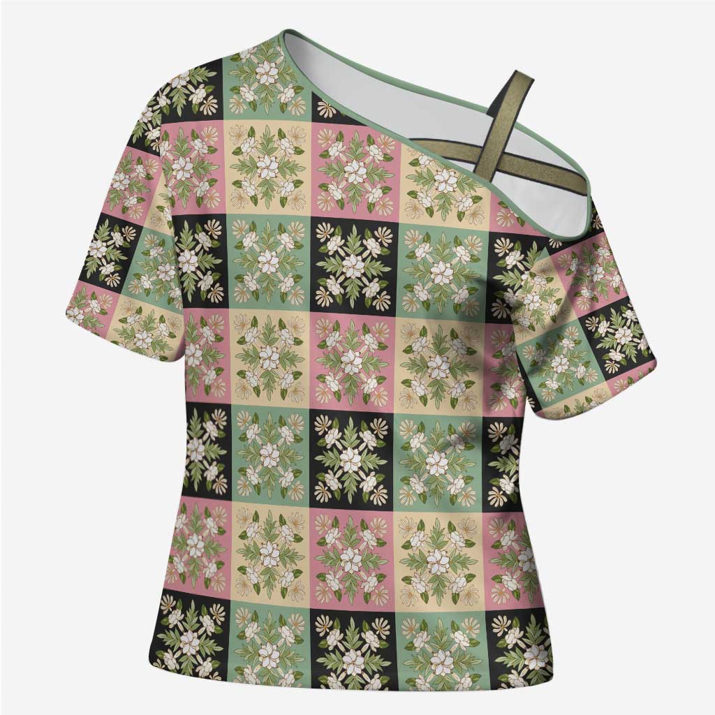 Seamless Pattern Maile and Pikake Lei Cross Shoulder Shirt Squares Maile Leaf - Polynesian Pride