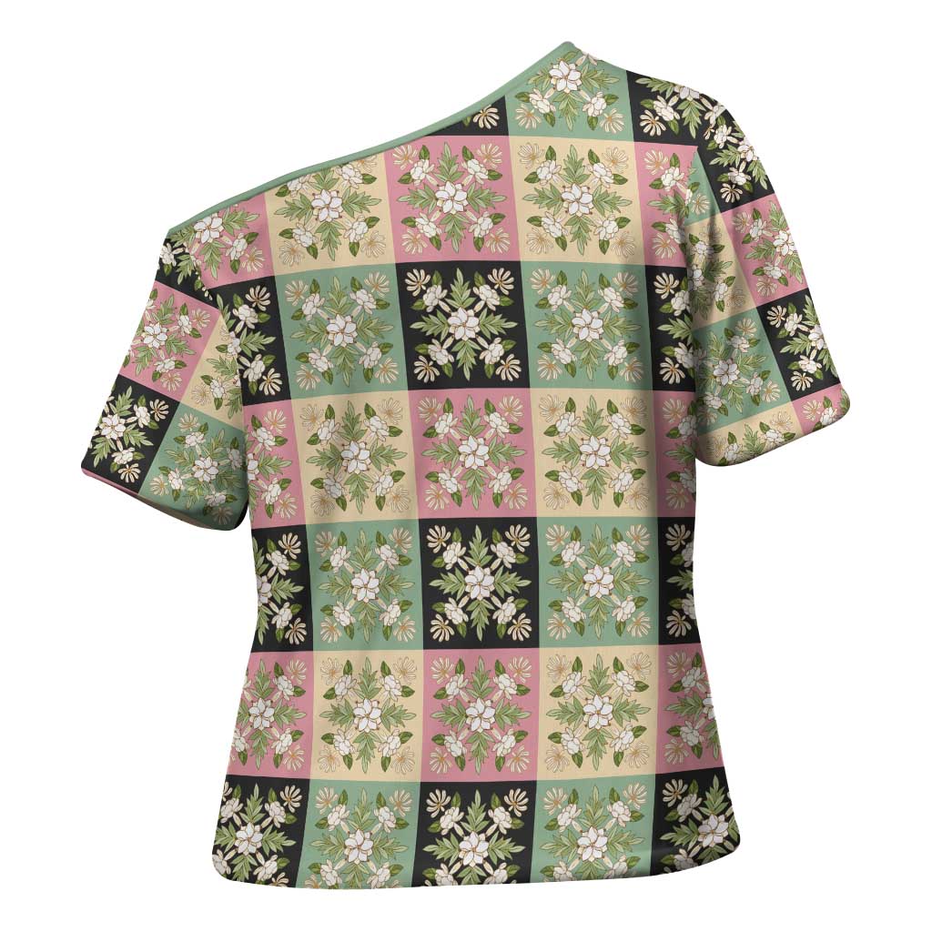 Seamless Pattern Maile and Pikake Lei Cross Shoulder Shirt Squares Maile Leaf - Polynesian Pride