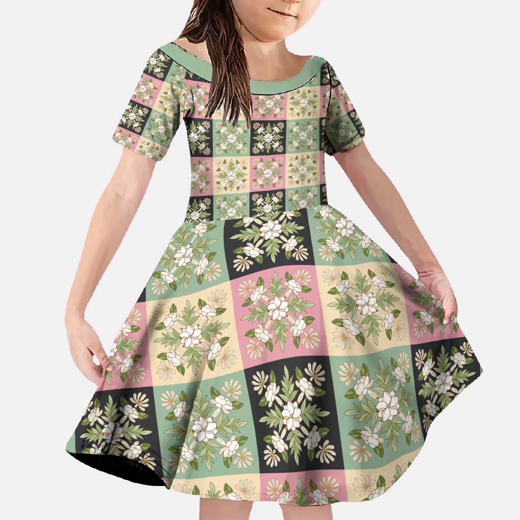 Seamless Pattern Maile and Pikake Lei Family Matching Off Shoulder Maxi Dress and Hawaiian Shirt Squares Maile Leaf - Polynesian Pride