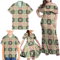 Seamless Pattern Maile and Pikake Lei Family Matching Off Shoulder Maxi Dress and Hawaiian Shirt Squares Maile Leaf - Polynesian Pride