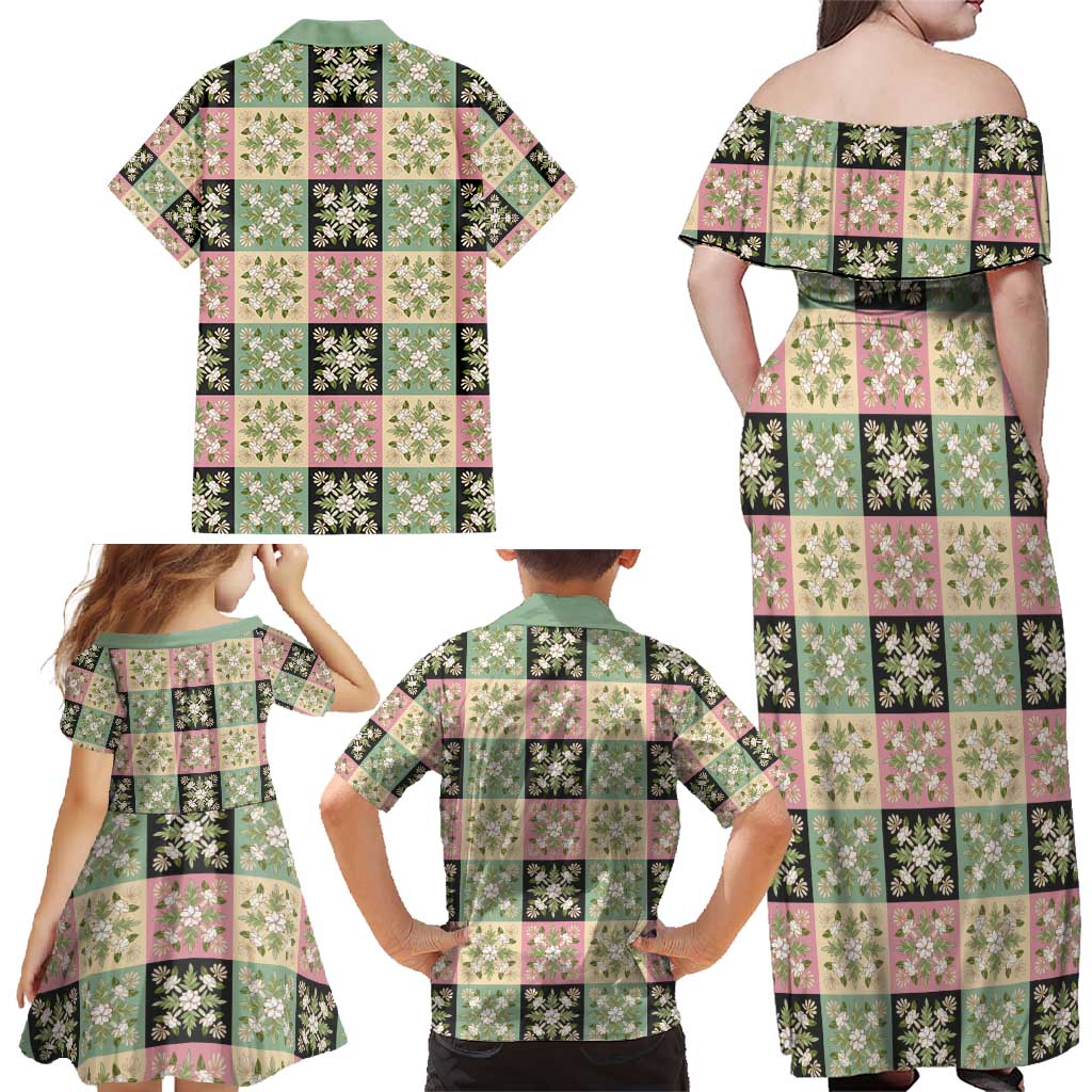 Seamless Pattern Maile and Pikake Lei Family Matching Off Shoulder Maxi Dress and Hawaiian Shirt Squares Maile Leaf - Polynesian Pride