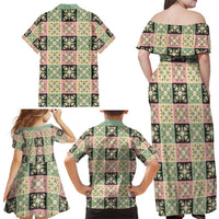 Seamless Pattern Maile and Pikake Lei Family Matching Off Shoulder Maxi Dress and Hawaiian Shirt Squares Maile Leaf - Polynesian Pride