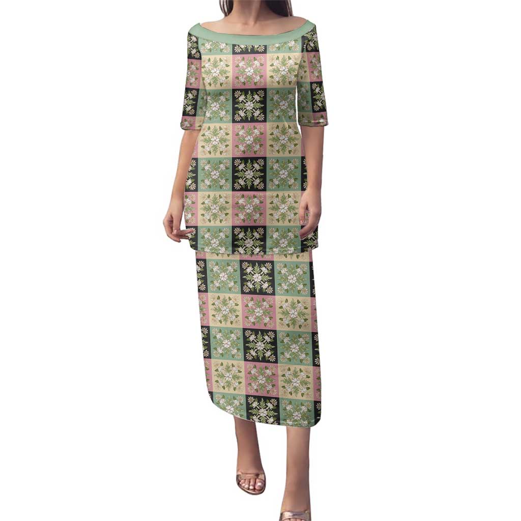 Seamless Pattern Maile and Pikake Lei Family Matching Puletasi and Hawaiian Shirt Squares Maile Leaf - Polynesian Pride