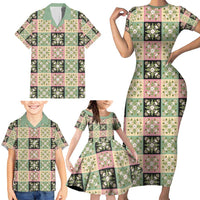Seamless Pattern Maile and Pikake Lei Family Matching Short Sleeve Bodycon Dress and Hawaiian Shirt Squares Maile Leaf - Polynesian Pride