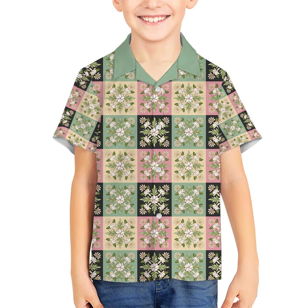 Seamless Pattern Maile and Pikake Lei Kid Hawaiian Shirt Squares Maile Leaf LT9 Kid Green - Polynesian Pride