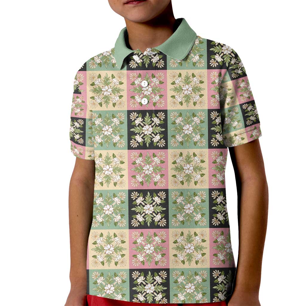 Seamless Pattern Maile and Pikake Lei Kid Polo Shirt Squares Maile Leaf - Polynesian Pride