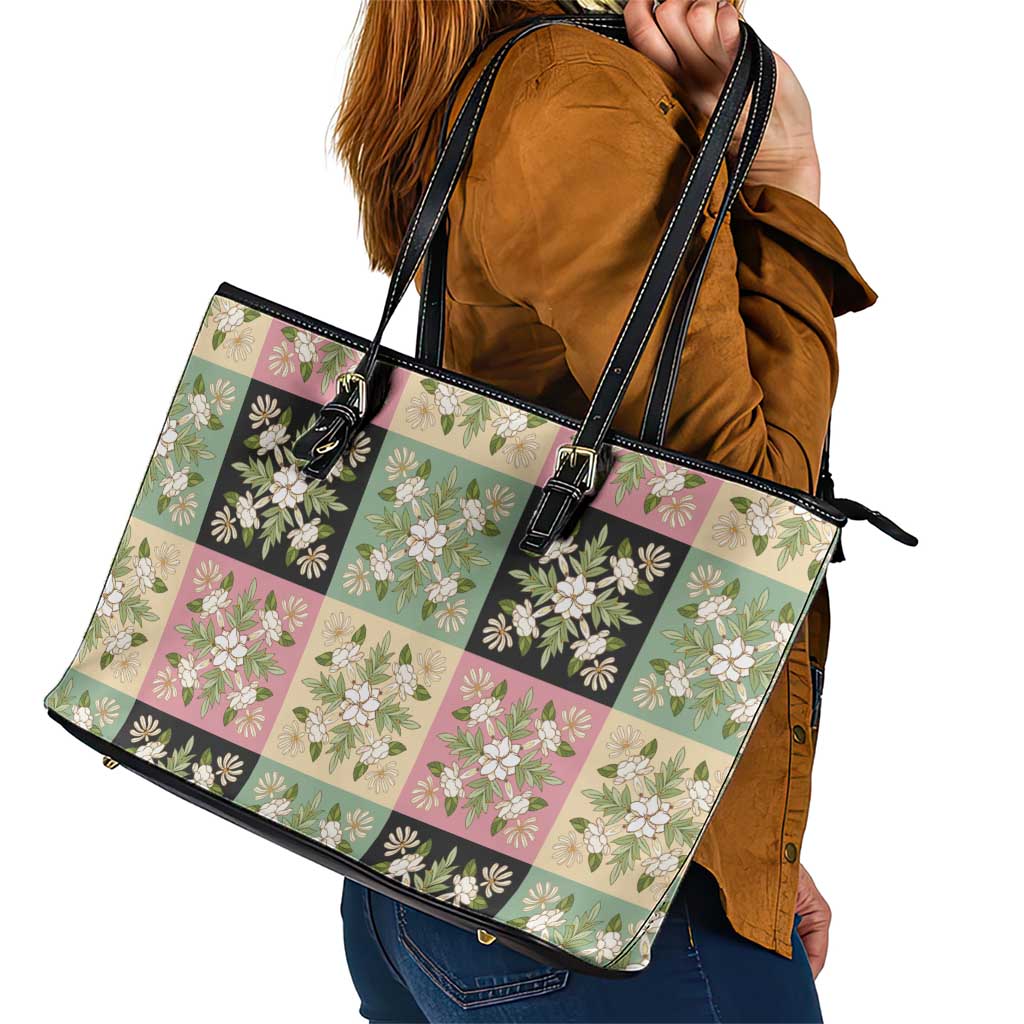 Seamless Pattern Maile and Pikake Lei Leather Tote Bag Squares Maile Leaf - Polynesian Pride