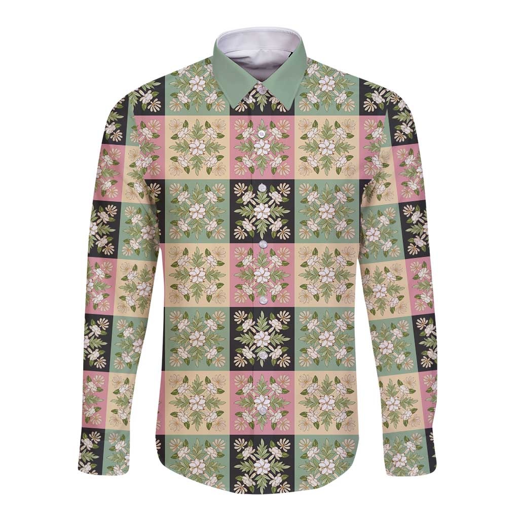 Seamless Pattern Maile and Pikake Lei Long Sleeve Button Shirt Squares Maile Leaf - Polynesian Pride