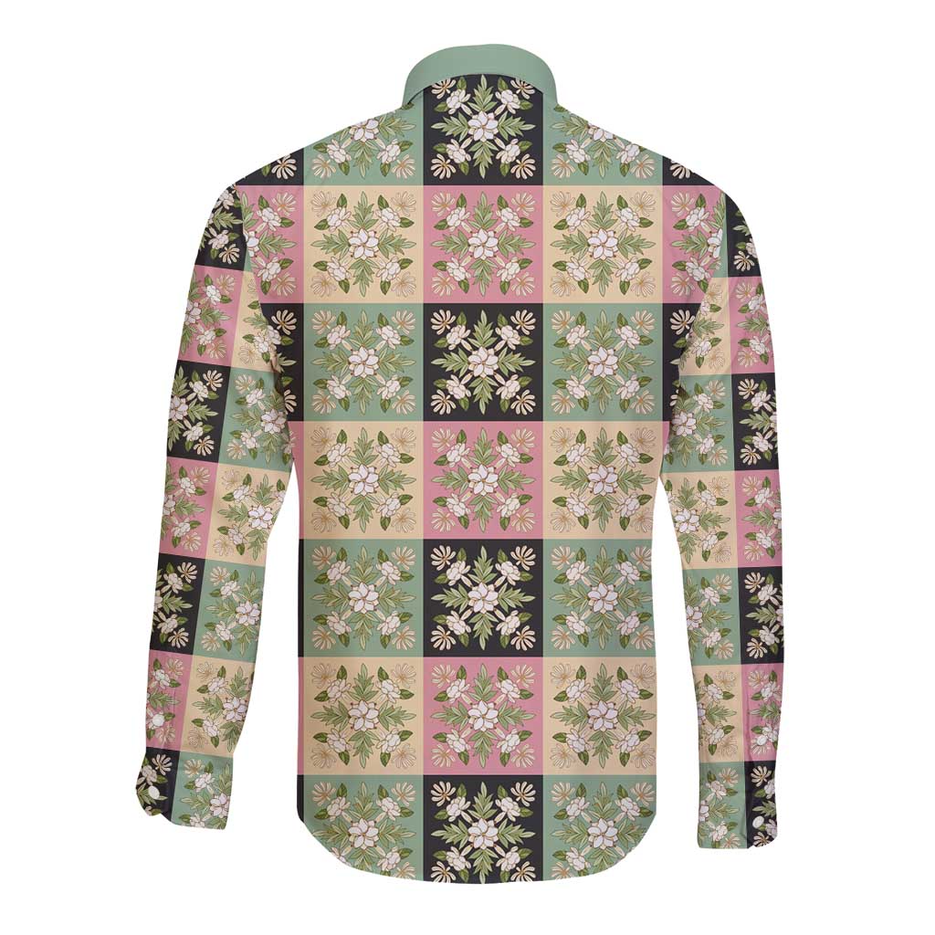 Seamless Pattern Maile and Pikake Lei Long Sleeve Button Shirt Squares Maile Leaf - Polynesian Pride