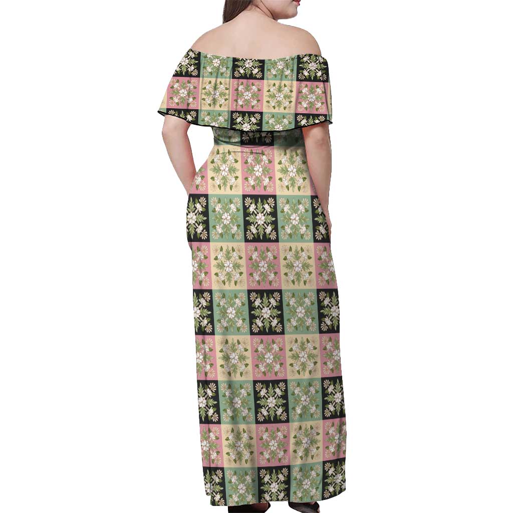 Seamless Pattern Maile and Pikake Lei Off Shoulder Maxi Dress Squares Maile Leaf - Polynesian Pride