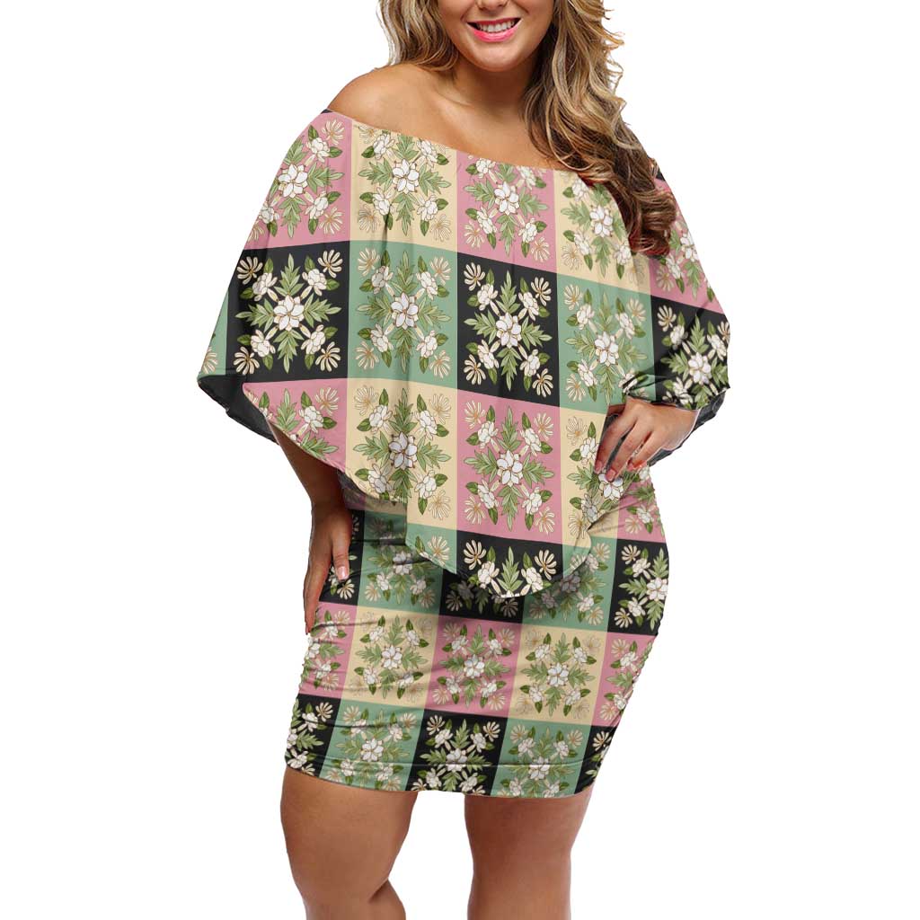 Seamless Pattern Maile and Pikake Lei Off Shoulder Short Dress Squares Maile Leaf - Polynesian Pride