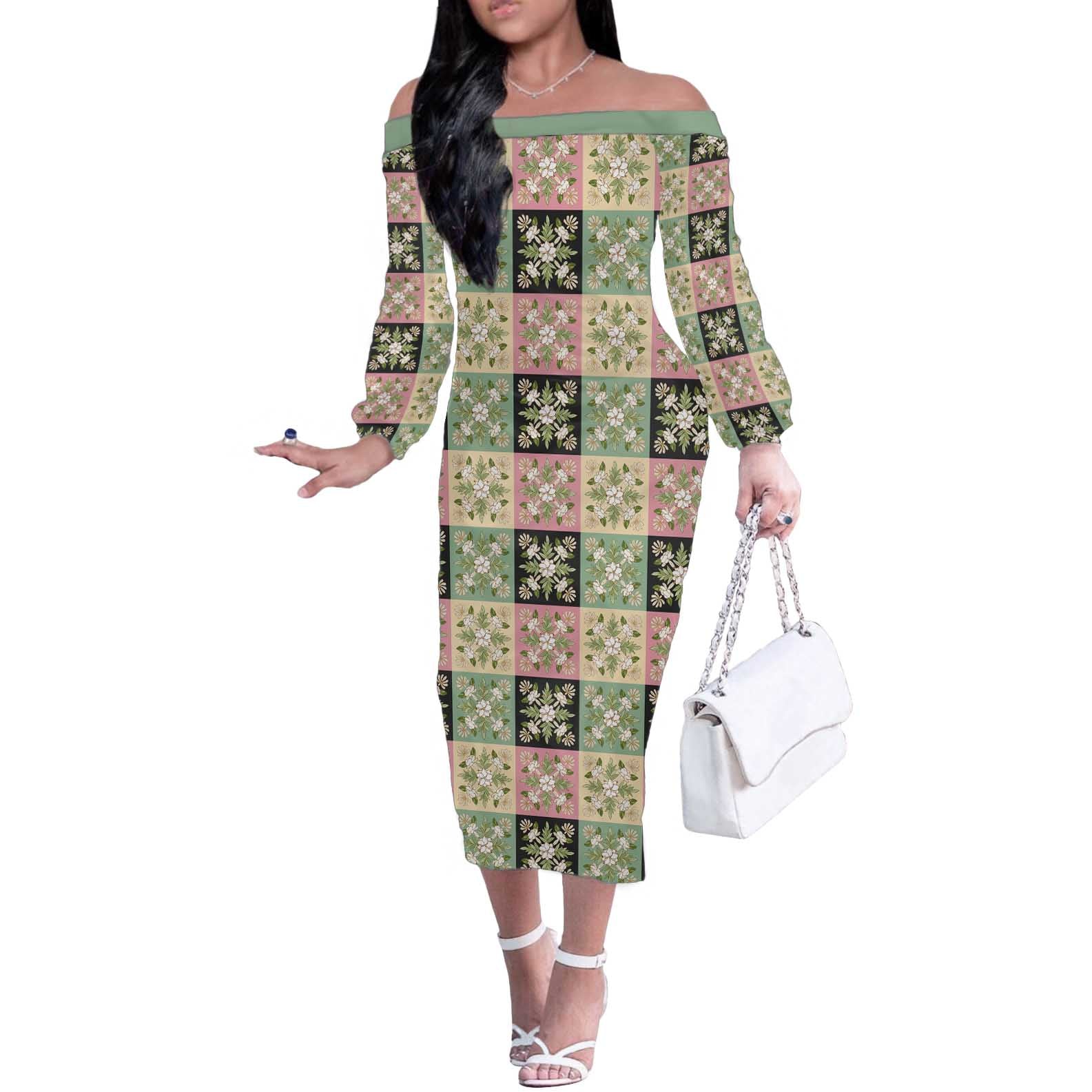 Seamless Pattern Maile and Pikake Lei Off The Shoulder Long Sleeve Dress Squares Maile Leaf - Polynesian Pride