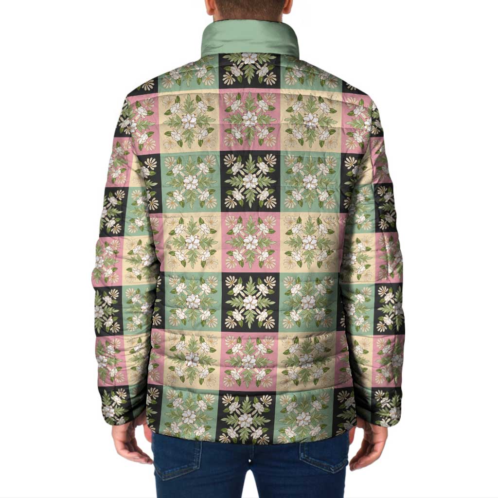 Seamless Pattern Maile and Pikake Lei Padded Jacket Squares Maile Leaf - Polynesian Pride