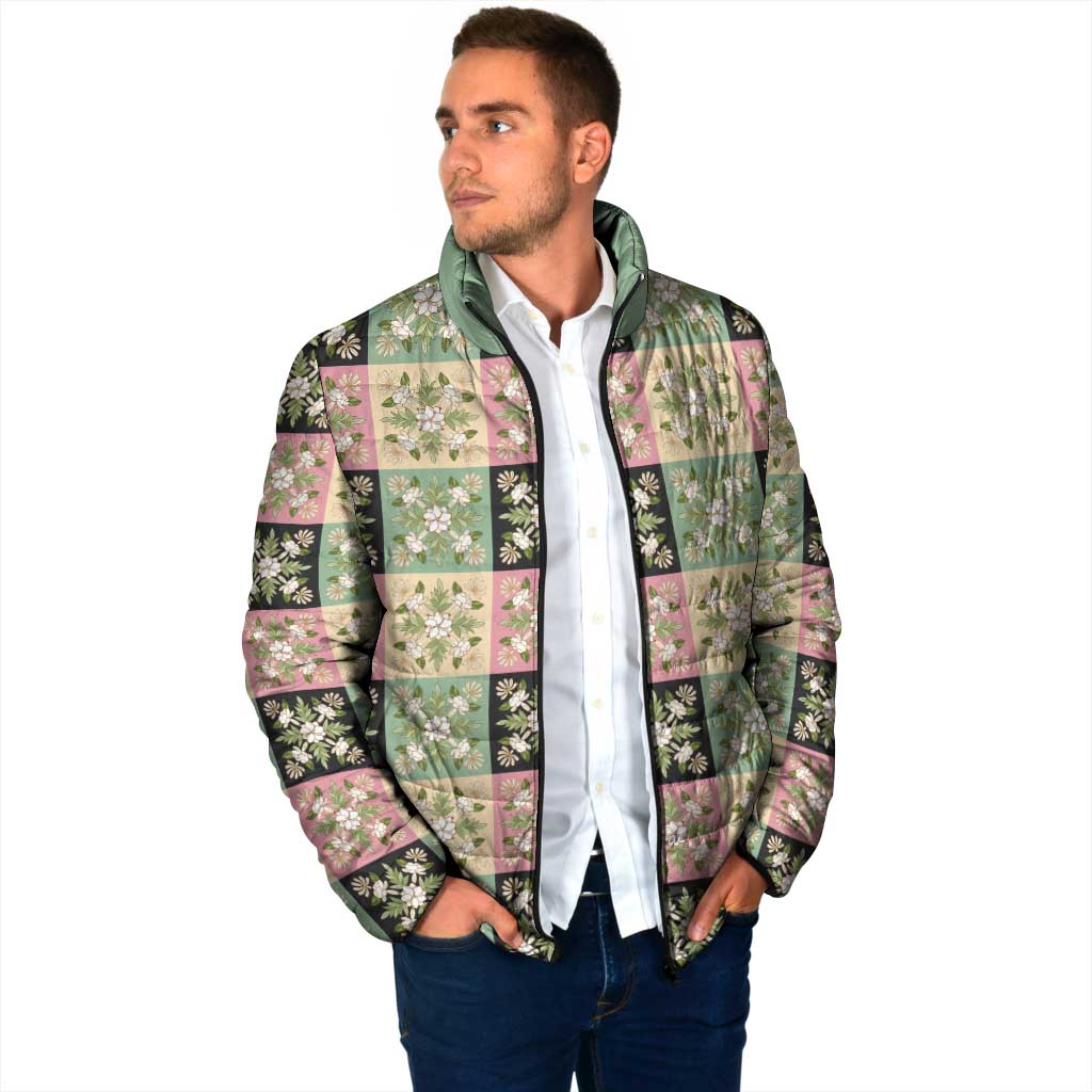 Seamless Pattern Maile and Pikake Lei Padded Jacket Squares Maile Leaf - Polynesian Pride
