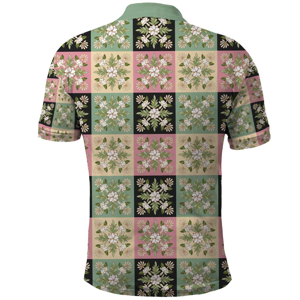 Seamless Pattern Maile and Pikake Lei Polo Shirt Squares Maile Leaf - Polynesian Pride