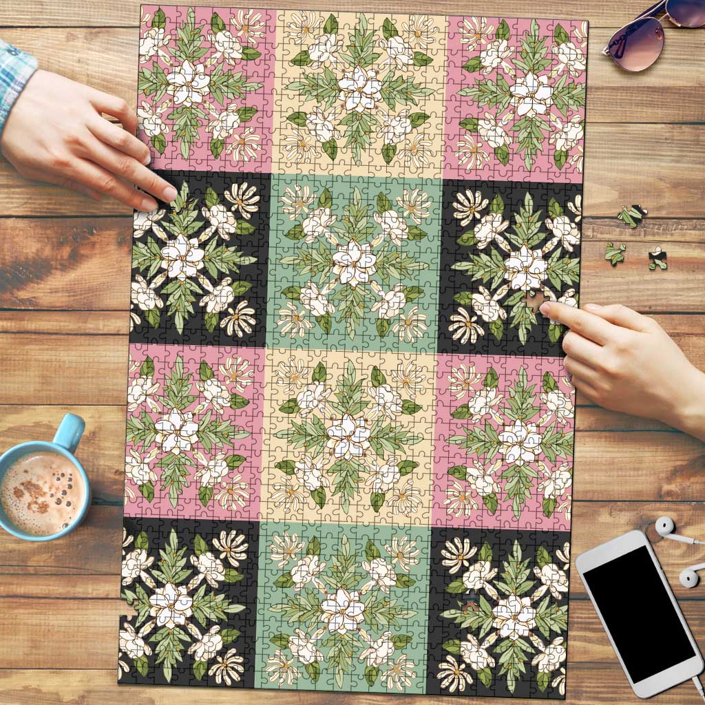 Seamless Pattern Maile and Pikake Lei Puzzle Squares Maile Leaf - Polynesian Pride