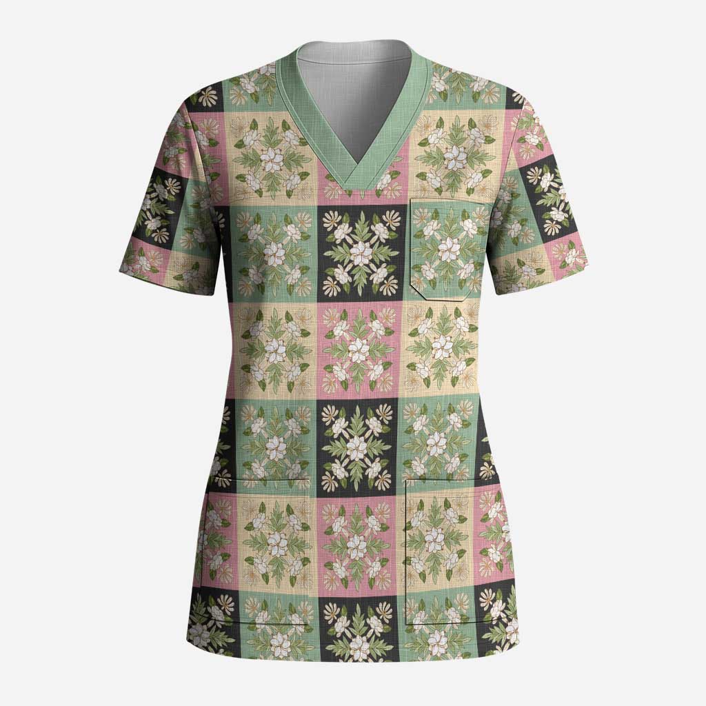 Seamless Pattern Maile and Pikake Lei Scrub Top Squares Maile Leaf LT9 Adult Green - Polynesian Pride