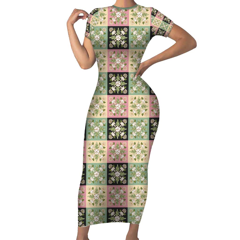 Seamless Pattern Maile and Pikake Lei Short Sleeve Bodycon Dress Squares Maile Leaf - Polynesian Pride