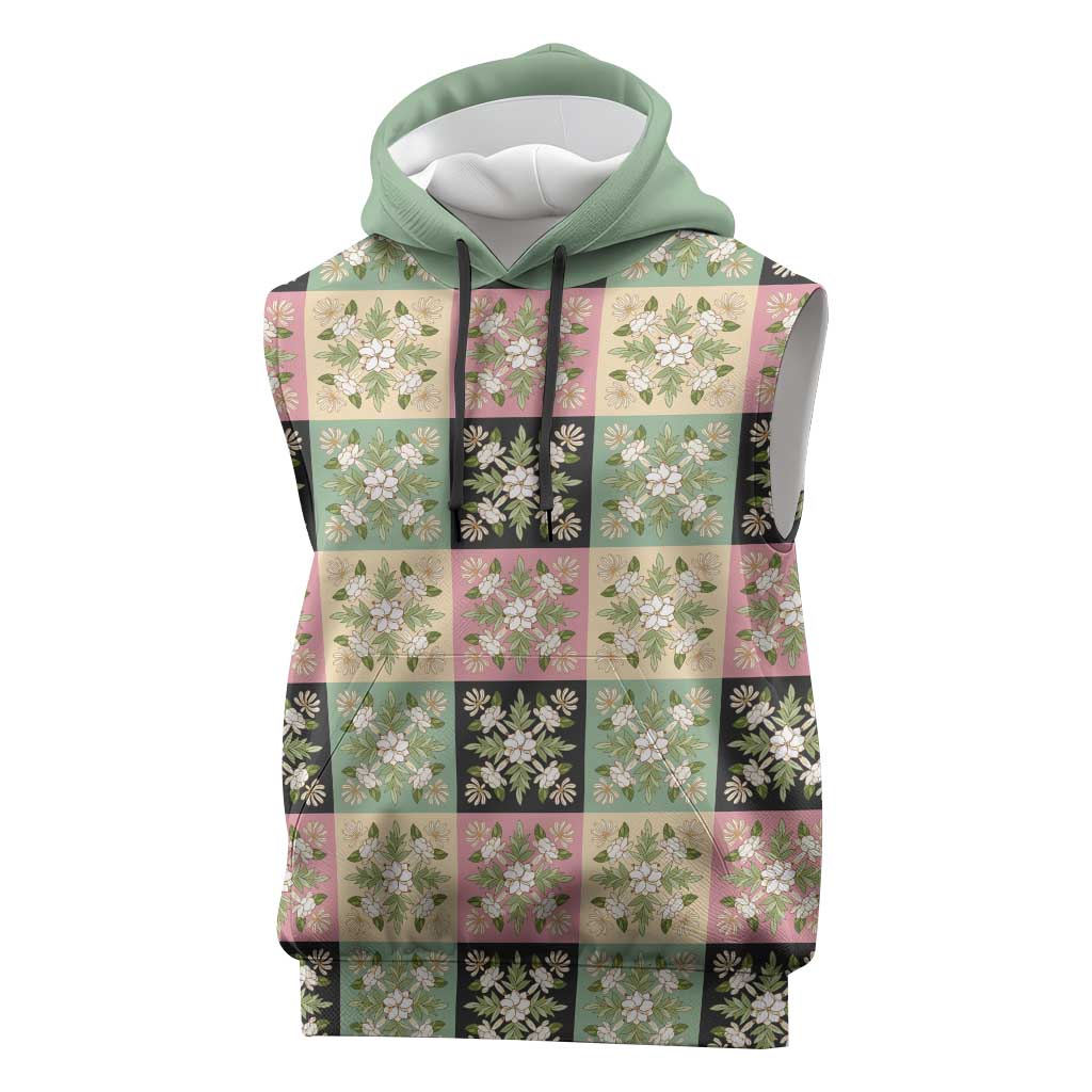 Seamless Pattern Maile and Pikake Lei Sleeveless Hoodie Squares Maile Leaf - Polynesian Pride