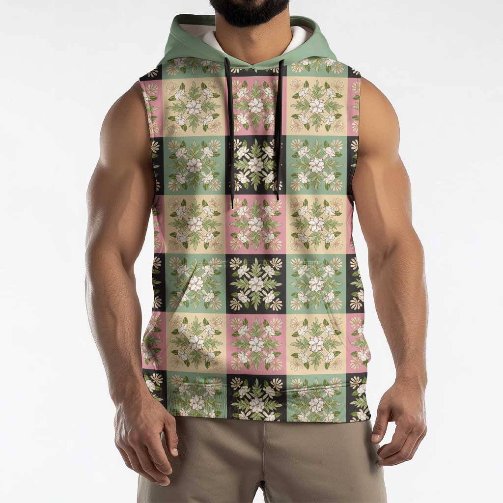 Seamless Pattern Maile and Pikake Lei Sleeveless Hoodie Squares Maile Leaf - Polynesian Pride
