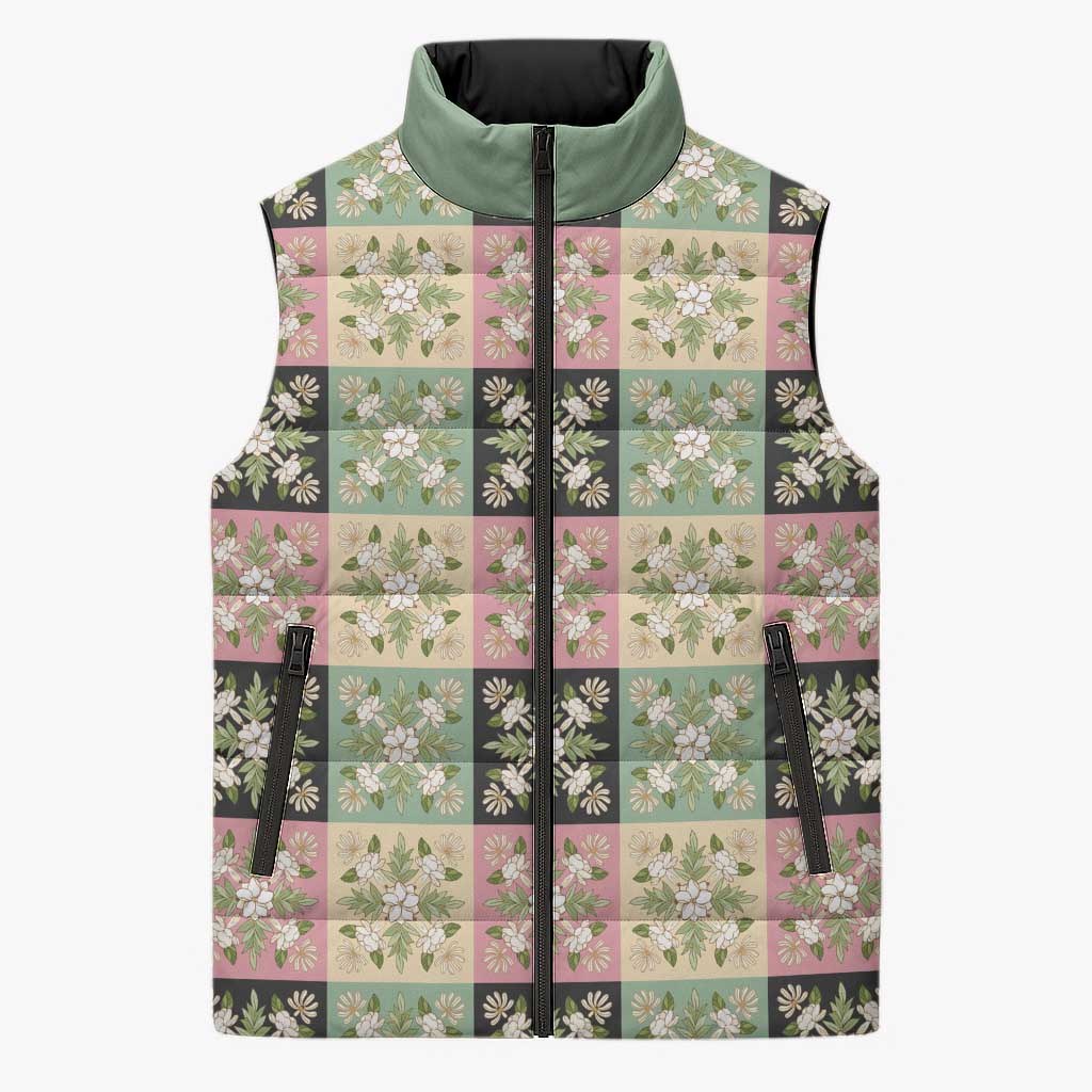 Seamless Pattern Maile and Pikake Lei Sleeveless Puffer Jacket Squares Maile Leaf - Polynesian Pride