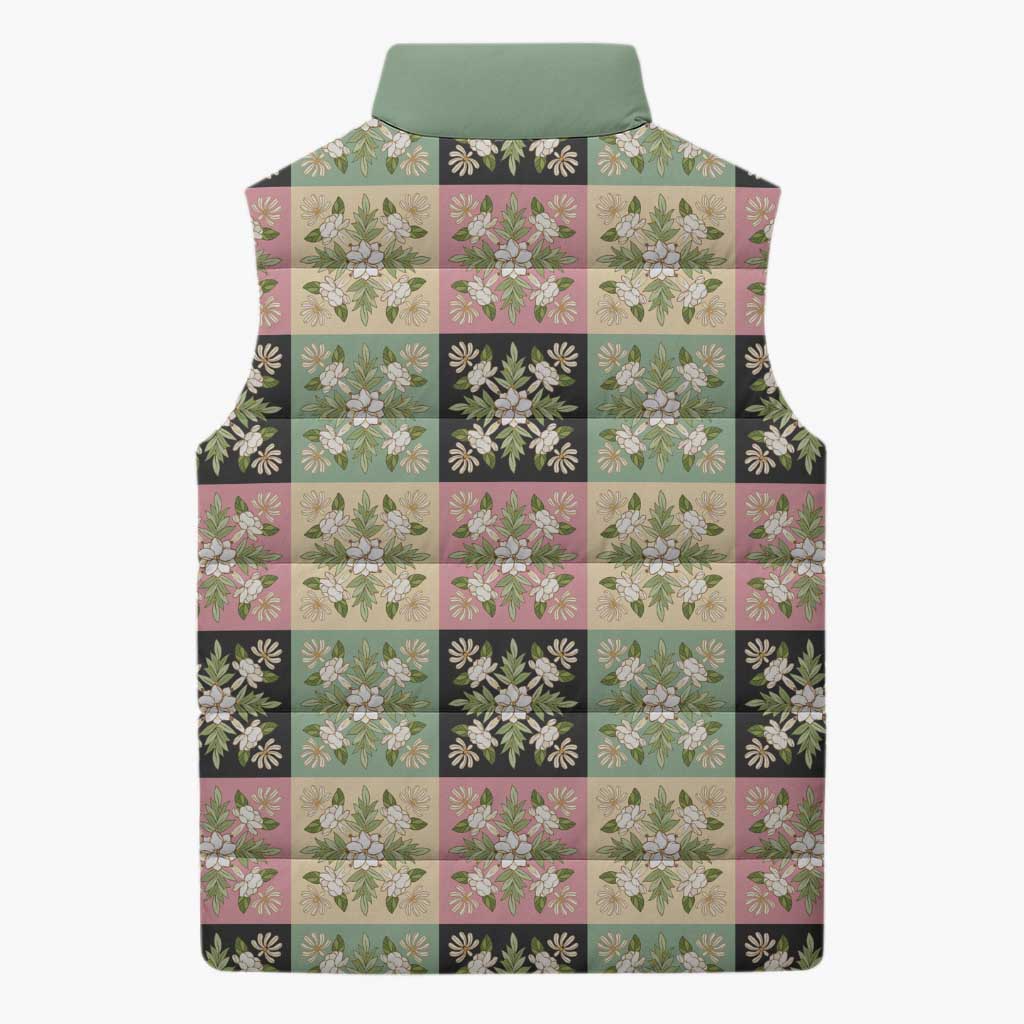 Seamless Pattern Maile and Pikake Lei Sleeveless Puffer Jacket Squares Maile Leaf - Polynesian Pride