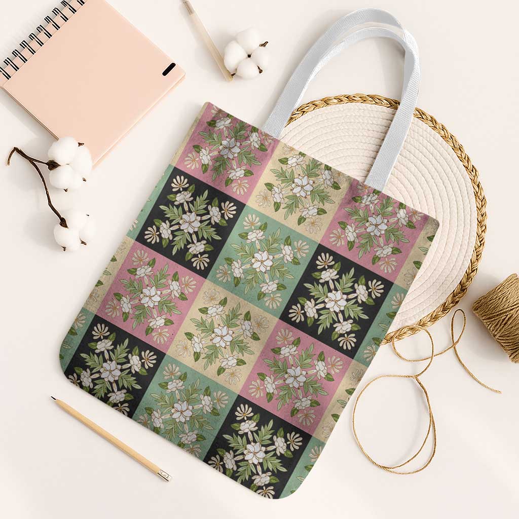 Seamless Pattern Maile and Pikake Lei Tote Bag Squares Maile Leaf - Polynesian Pride