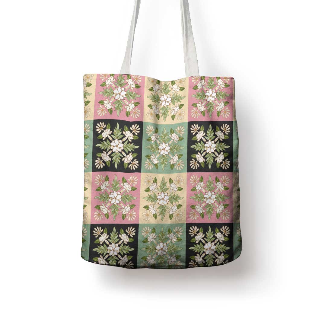 Seamless Pattern Maile and Pikake Lei Tote Bag Squares Maile Leaf - Polynesian Pride