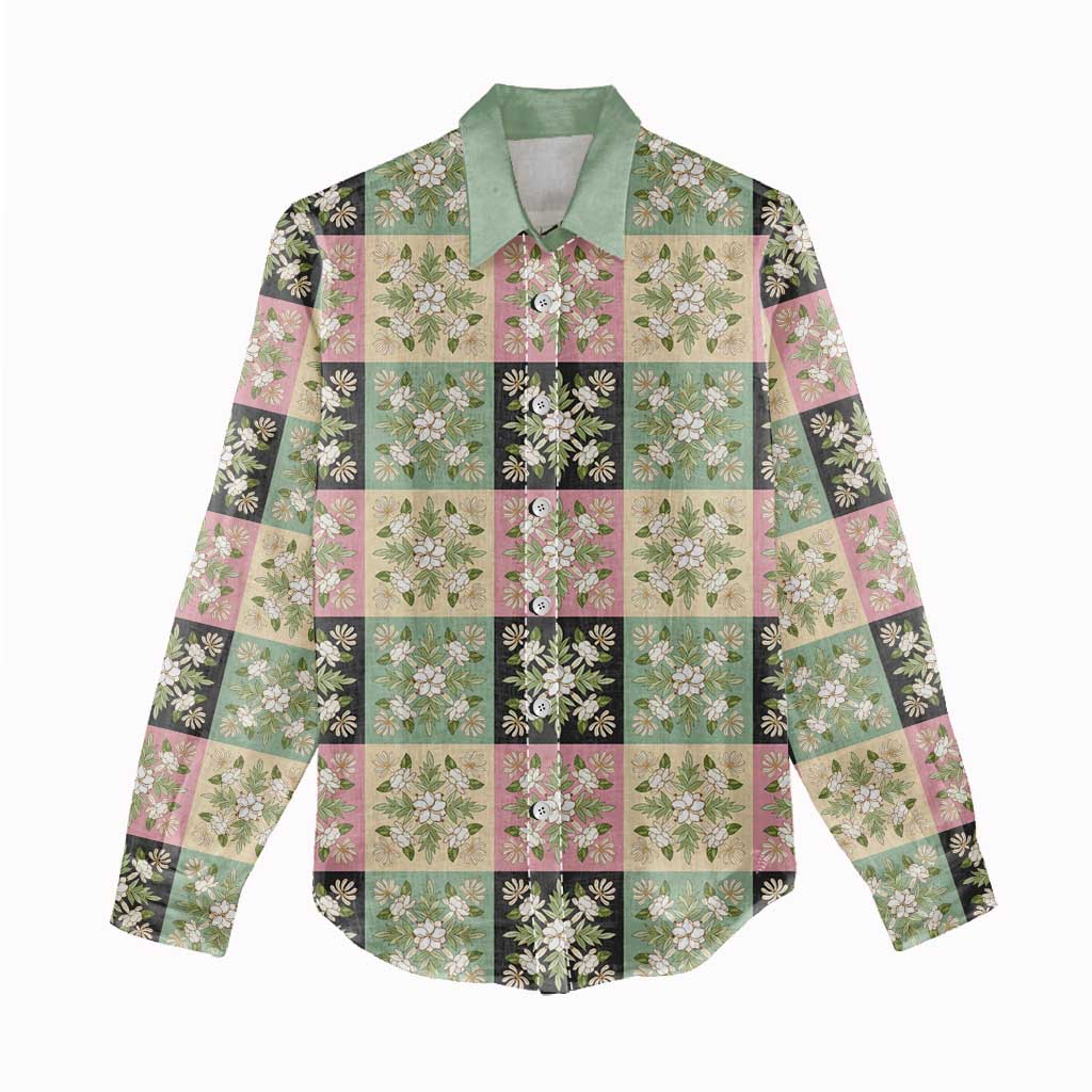 Seamless Pattern Maile and Pikake Lei Women Casual Shirt Squares Maile Leaf - Polynesian Pride