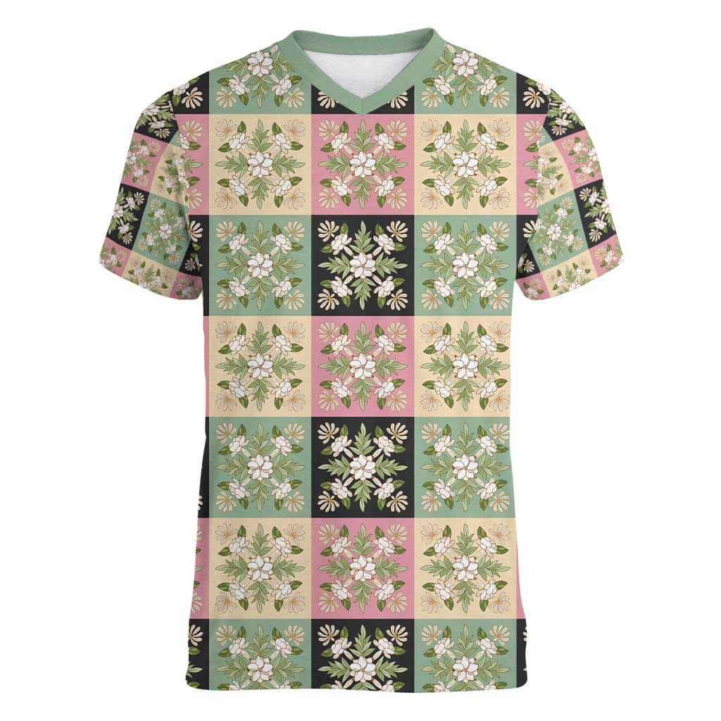 Seamless Pattern Maile and Pikake Lei Women V-Neck T-Shirt Squares Maile Leaf LT9 Female Green - Polynesian Pride