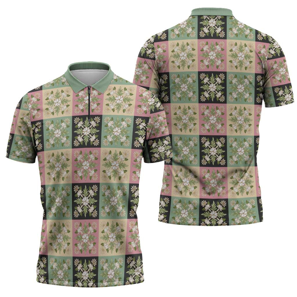 Seamless Pattern Maile and Pikake Lei Zipper Polo Shirt Squares Maile Leaf - Polynesian Pride