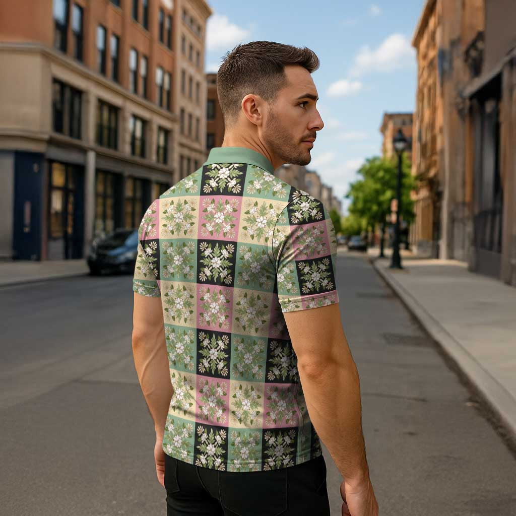 Seamless Pattern Maile and Pikake Lei Zipper Polo Shirt Squares Maile Leaf - Polynesian Pride