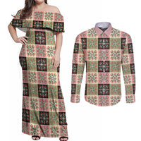 Seamless Pattern Pikake Lei Couples Matching Off Shoulder Maxi Dress and Long Sleeve Button Shirt Floral Squares Pikake - Polynesian Pride