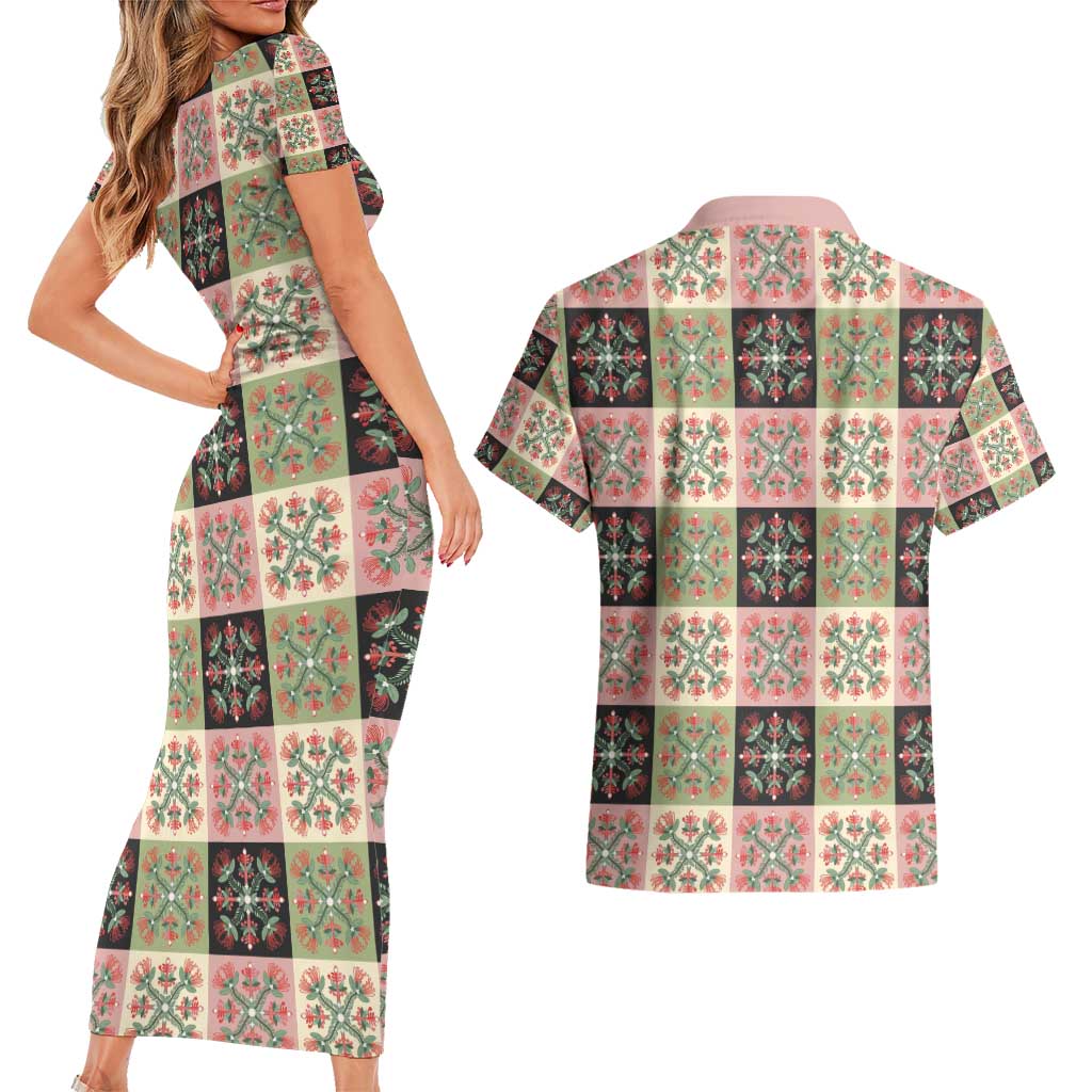 Seamless Pattern Pikake Lei Couples Matching Short Sleeve Bodycon Dress and Hawaiian Shirt Floral Squares Pikake - Polynesian Pride