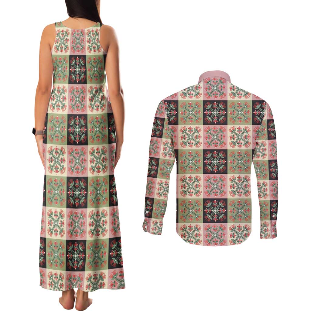 Seamless Pattern Pikake Lei Couples Matching Tank Maxi Dress and Long Sleeve Button Shirt Floral Squares Pikake - Polynesian Pride