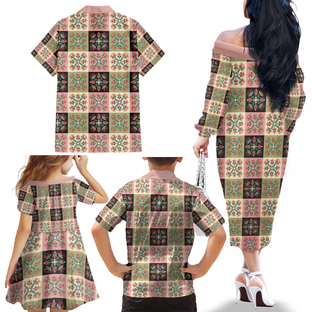 Seamless Pattern Pikake Lei Family Matching Off The Shoulder Long Sleeve Dress and Hawaiian Shirt Floral Squares Pikake - Polynesian Pride